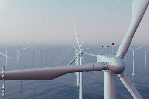 Beautiful sunset wind turbines in sea, ocean. Clean energy, wind energy, ecological concept. 3d rendering