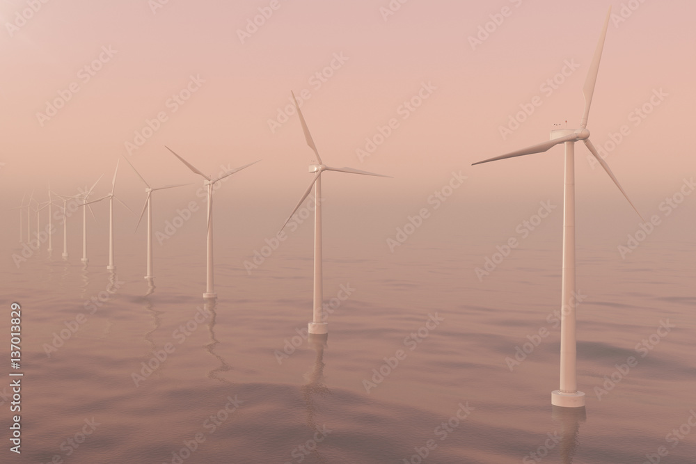 Sunset wind turbines in sea, ocean. Clean energy, wind energy, ecological concept. 3d rendering