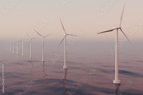 Beautiful the wind turbines in sea, ocean. Clean energy, wind energy, ecological concept. 3d rendering