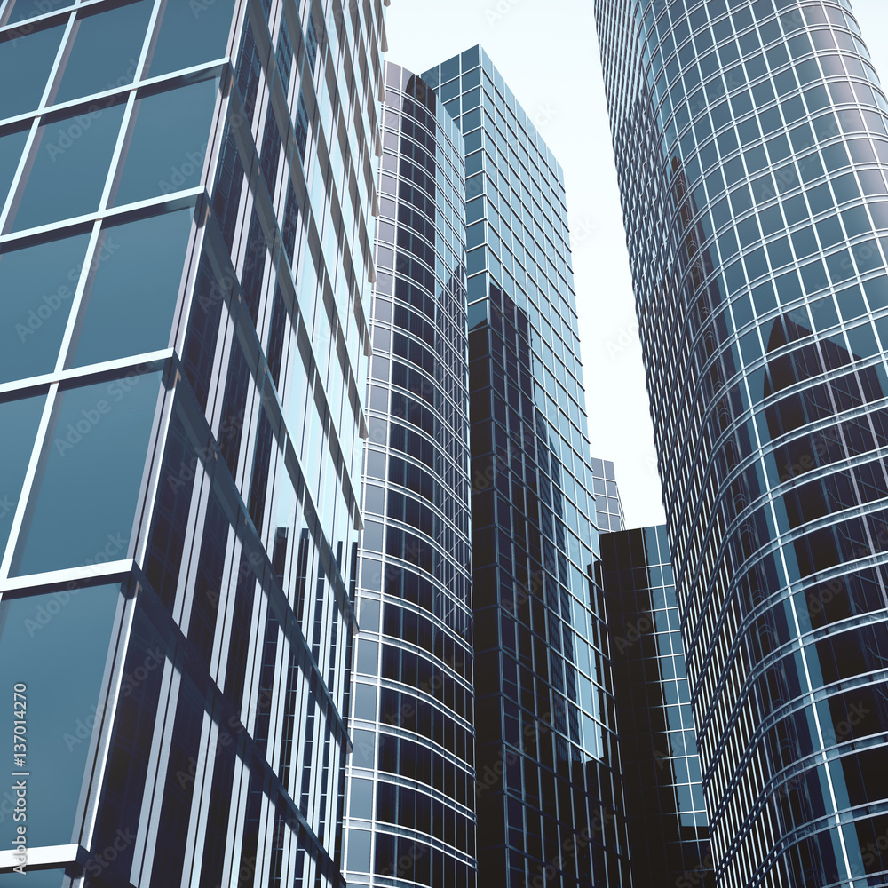 Obraz premium Skyscrapers with blue glass, high rise building, skyscrapers, business concept of successful industrial architecture. 3d rendering