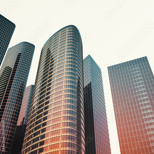 Bottom view of modern skyscrapers in business district in evening light at sunset. Industrial architecture  business construction and estate financial concept. 3d rendering