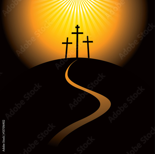 mountain Calvary with three crosses with sky and sun