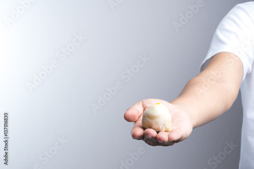 Принти на полотні Hand holding Chinese pastry moon cake