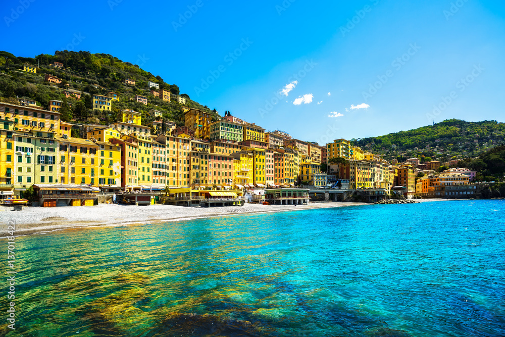 Camogli beach and typical colorful houses. Ligury, Italy