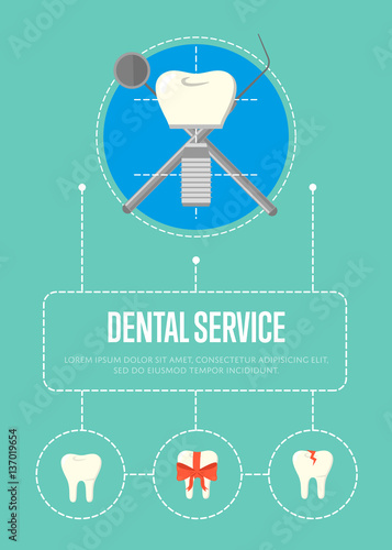 Dental service banner. Round teeth icons and tooth implant with crosswise instruments on blue background. Dentistry vector illustration. Healthcare and tooth care. Dental implantation concept