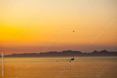 fishing boats silhouetted against a golden sunrise Sea of Cortez 