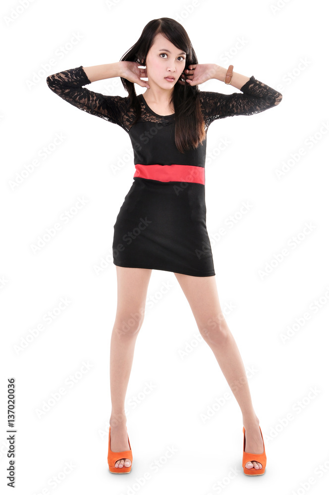 Fototapeta premium beautiful woman model posing in elegant dress, isolated on white background