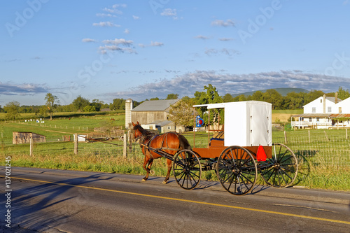 An Amish Horse and Carriage Travels on a Rural Road