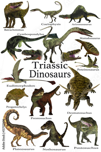 Fototapeta Naklejka Na Ścianę i Meble -  Triassic Dinosaurs - A collection of various dinosaur and marine animals that lived during the Triassic Period of Earth's history.