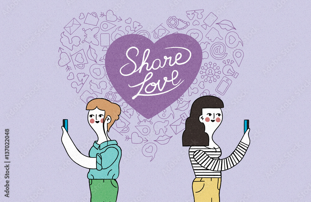 Women couple on phone internet love illustration Women couple on phone internet love illustration