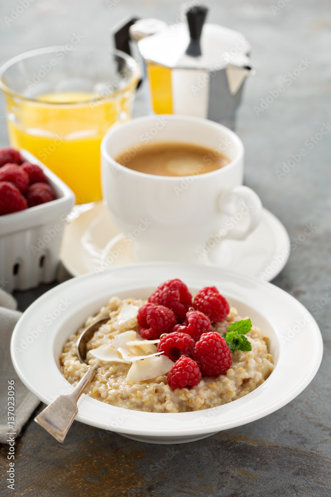 Steel cut oatmeal porridge with raspberry and coconut Steel cut oatmeal porridge with raspberry and coconut