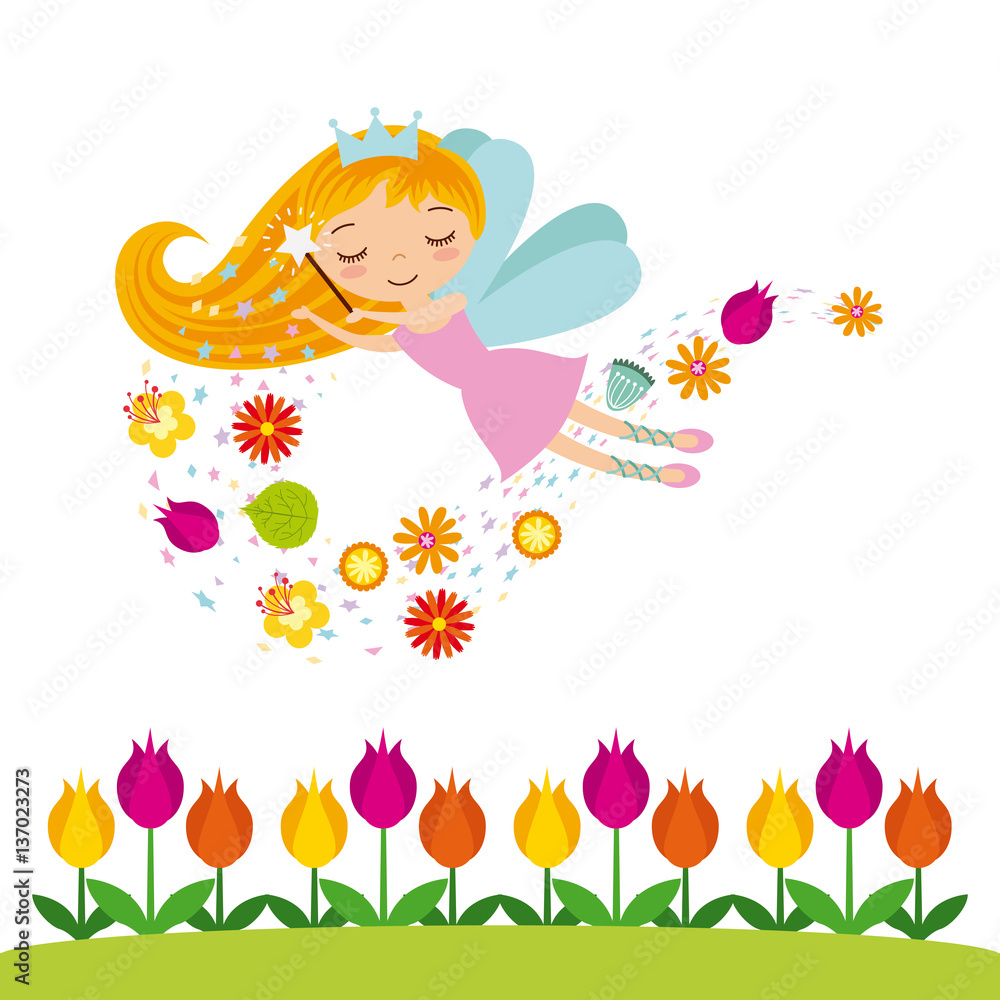 garden with beautiful flowers and fairy girl icon over white background. colorful design. vector illustration garden with beautiful flowers and fairy girl icon over white background. colorful design. vector illustration