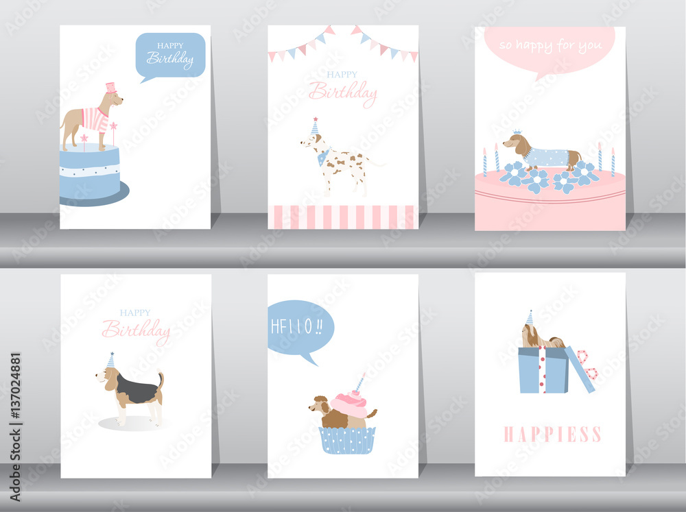 Set of birthday invitations cards,poster,greeting,template,animals,dogs,Vector illustrations