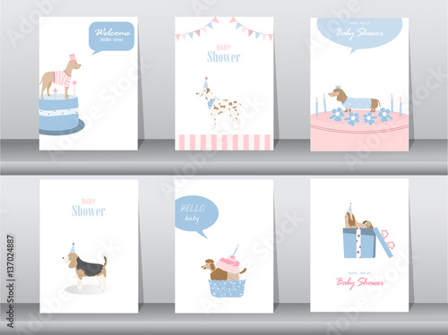 Set of baby shower invitations cards,poster,greeting,template,animals,dogs,Vector illustrations 