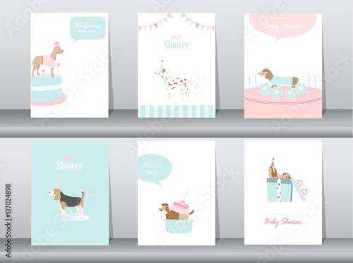 Set of baby shower invitations cards,poster,greeting,template,animals,dogs,Vector illustrations