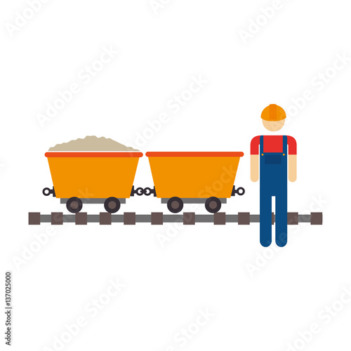 color silhouette with worker and wagon of mining over rail