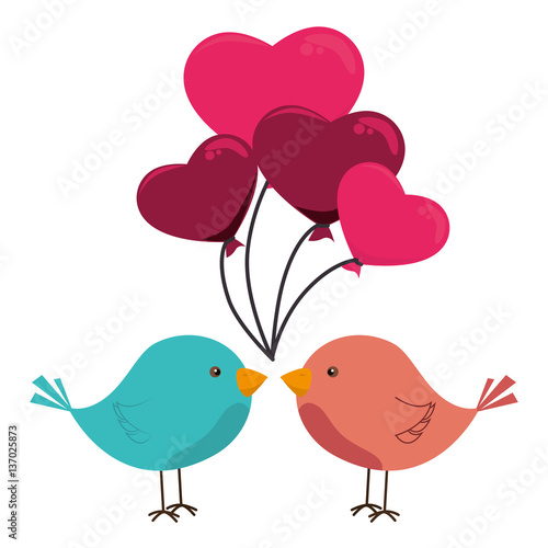 color silhouette with birds and balloons of hearts vector illustration