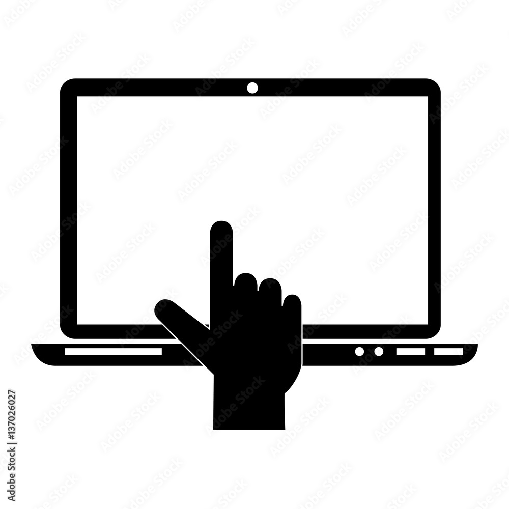 monochrome silhouette with laptop and hand vector illustration monochrome silhouette with laptop and hand vector illustration