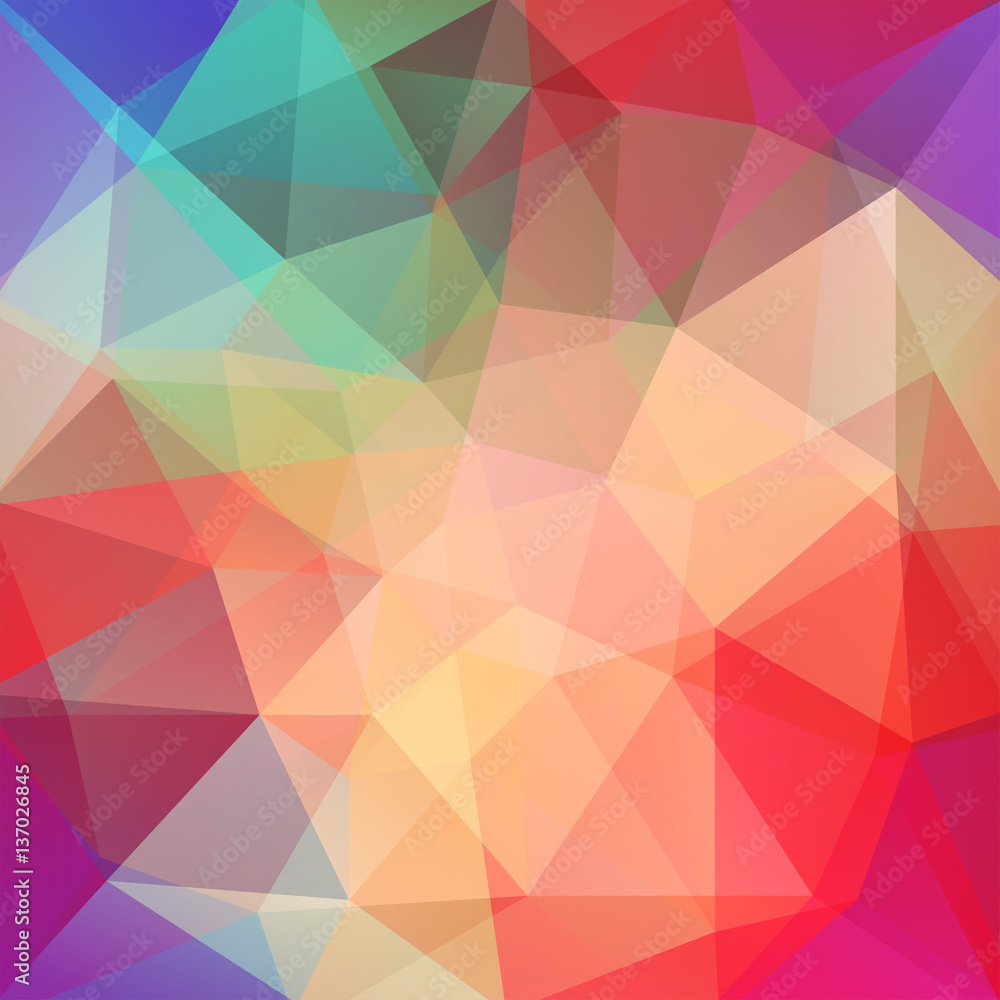 Obraz premium Abstract mosaic background. Triangle geometric background. Design elements. Vector illustration. Red, beige, orange, green, purple colors.