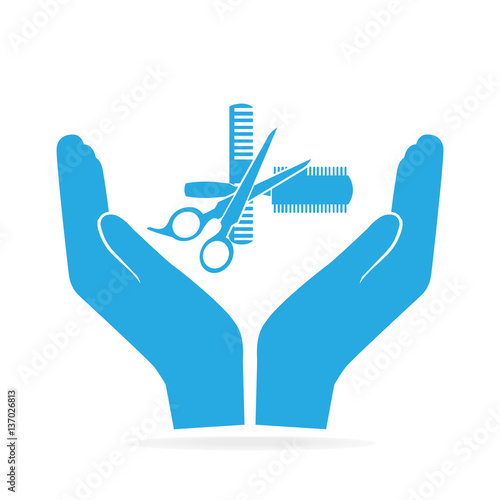 Hair salon with scissors and comb in hand icon