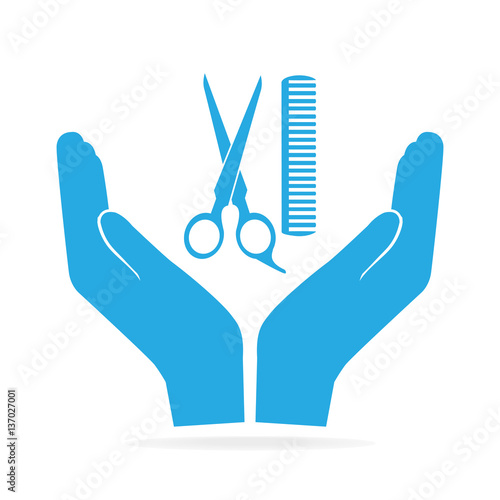 Hair salon with scissors and comb in hand icon