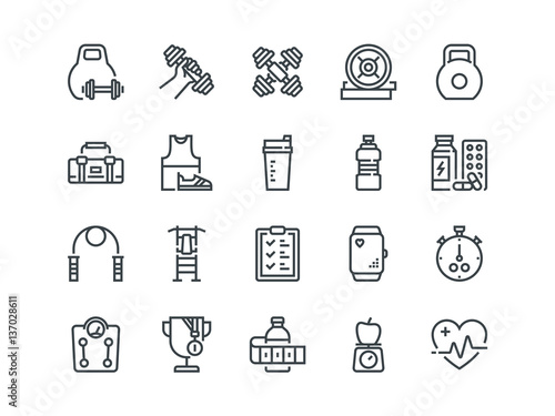 Sport. Set of outline vector icons. Includes such as Fitness Tracker, Cardio monitor, Bodybuilding equipment and other.