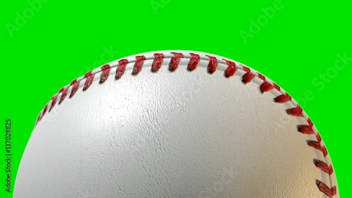 A closeup of a traditional baseball ball with a leather and stitched surface rotating once to create a loop able sequence on a green screen background - 3D render photo