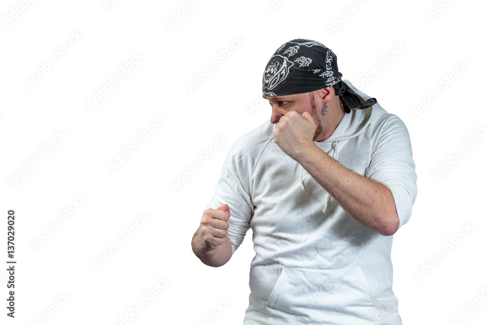 Athlete rack capoeira dark bandanna on her head, isolated