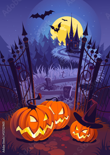 Halloween pumpkins and dark castle on blue Moon background