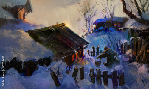 bright picture of the village in the winter evening © khius
