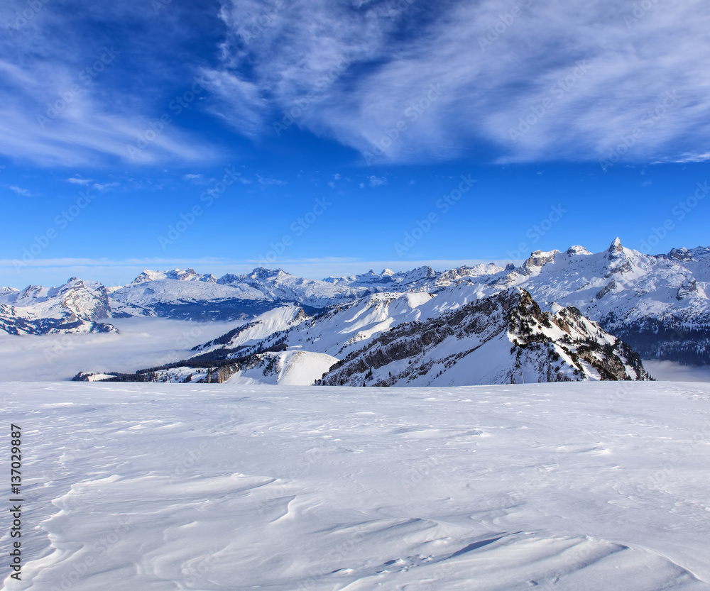 Wintertime view from Fronalpstock mountain in Switzerland