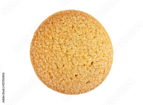 Freshly baked sugar cookie on a white background, top view.