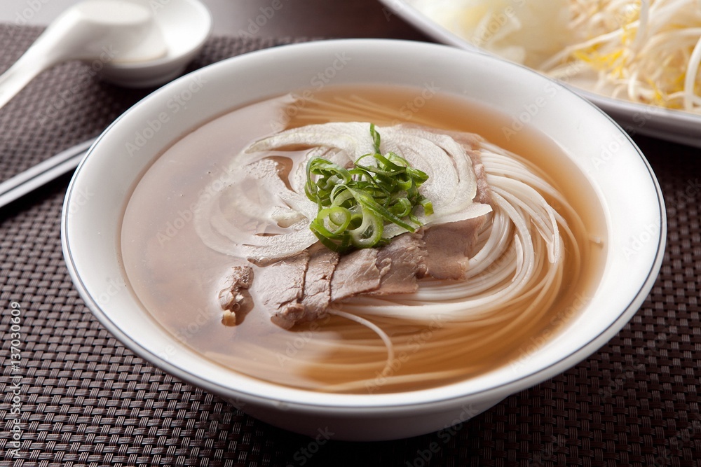 Fresh beef and onion, light and delicious beef rice noodle made of ingredients Fresh beef and onion, light and delicious beef rice noodle made of ingredients