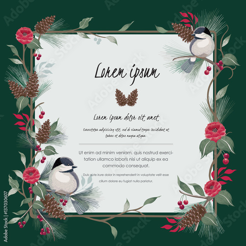  Vector illustration of a beautiful floral vine border in winter for Happy New Year and Merry Christmas cards. A beautiful hand drawn illustration with a cute bird on a branch. 				