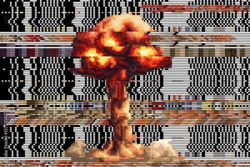 Pixel Art  Game Explosion Animation Vector. Glitched abstract ve