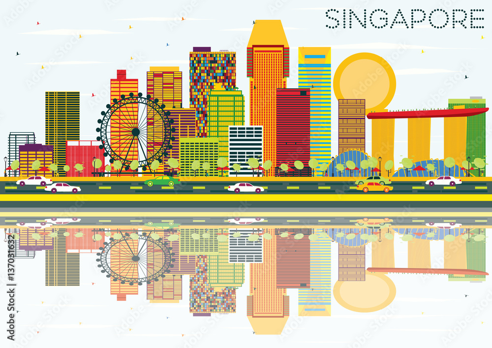 Singapore Skyline with Color Buildings, Blue Sky and Reflections
