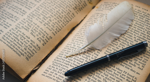 Opened book with pen and bird feather on brown paper