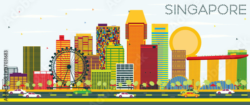 Singapore Skyline with Color Buildings and Blue Sky.