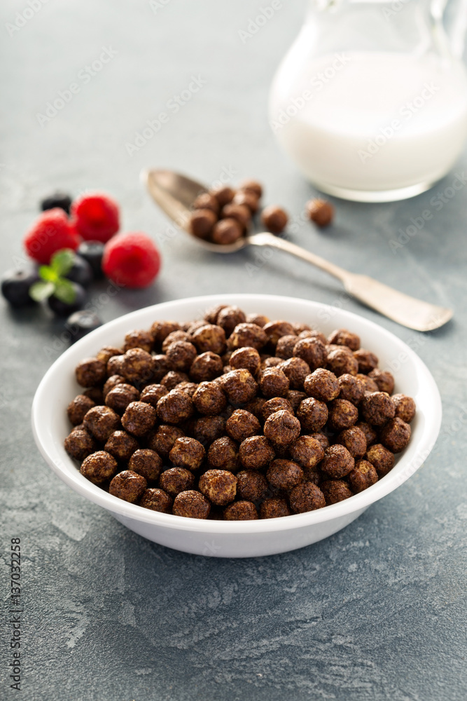 Chocolate cereals in a white bowl Chocolate cereals in a white bowl
