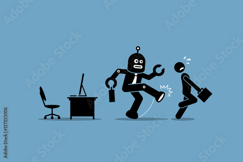 Robot employee kicks away a human worker from doing his computer job at office. Vector artwork depicts automation, future concept, artificial intelligence, and robot replacing mankind. 