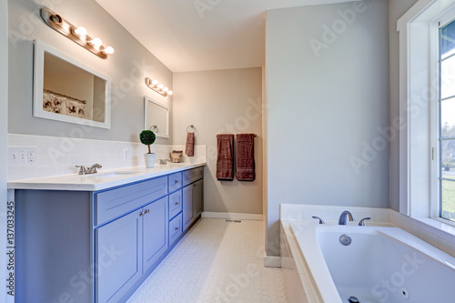 Light filled bathroom interior accented with blue vanity