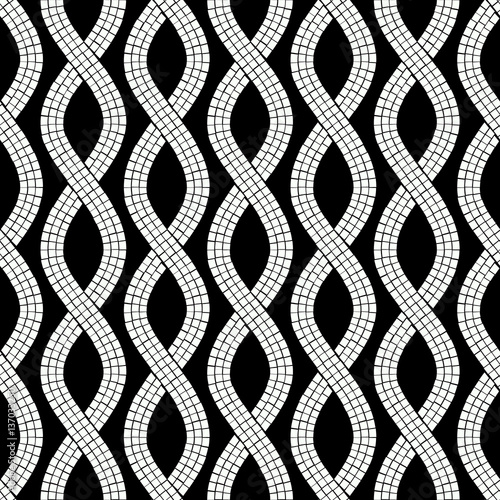 Black and white wave ancient greek mosaic seamless pattern, vector