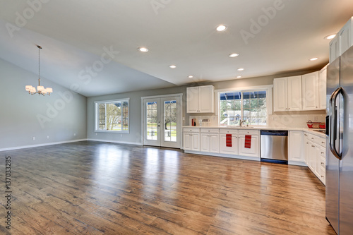 Spacious rambler kitchen interior with vaulted ceiling