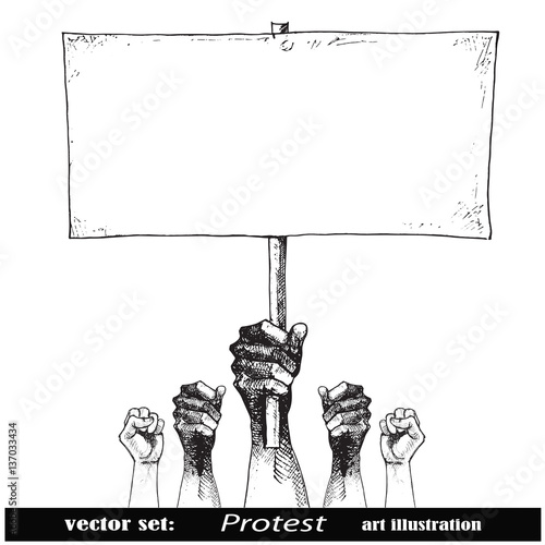 Hand holding a placard.Crowds of people protesting against social or political issue.Vintage 
art illustration.