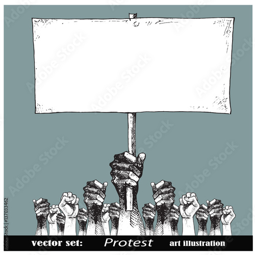 Hand holding a placard.Crowds of people protesting against social or political issue.Vintage 
art illustration.