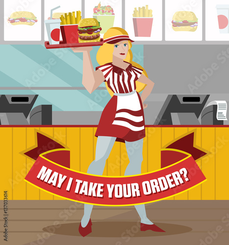 fast food waitress girl serving a plate full with french fries burger and drink soda near cash machine poster