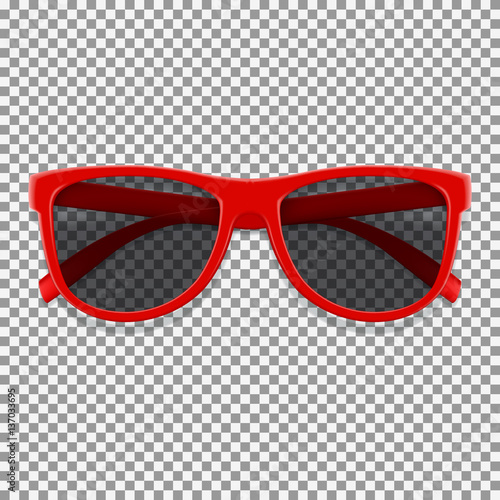 Red sun glasses isolated on transparent backdrop. Vector illustration with fashion summer accessory. Realistic sunglasses.