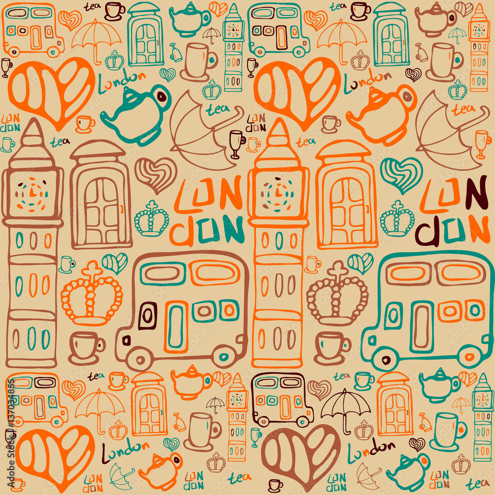 Vector background on a theme of England. handmade Doodles. Travel lovers. Caption London. It can be used for packaging, invitations, greeting cards, etc.