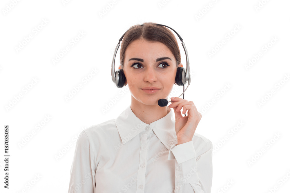 close up of young beautiful call center woman woman with headphones and microphone isolated on white background close up of young beautiful call center woman woman with headphones and microphone isolated on white background