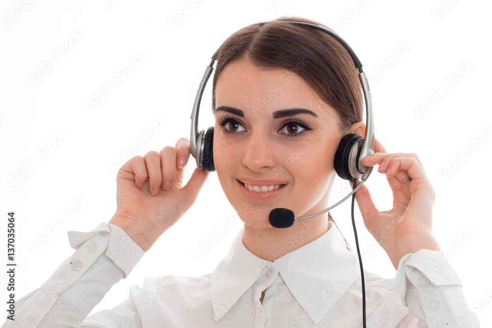 close up of young cheerful call center woman woman with headphones and microphone isolated on white background close up of young cheerful call center woman woman with headphones and microphone isolated on white background